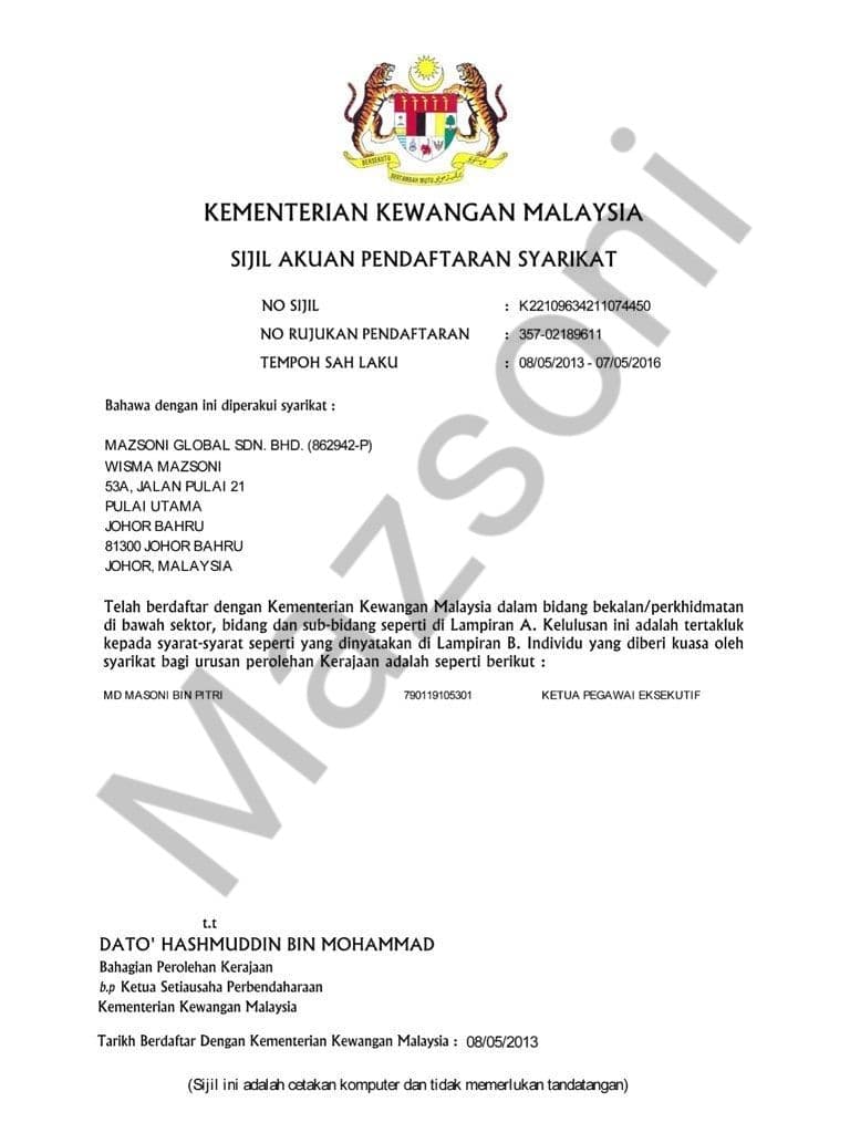 Sijil Akuan Pendaftaran - Kementerian Kewangan Malaysia